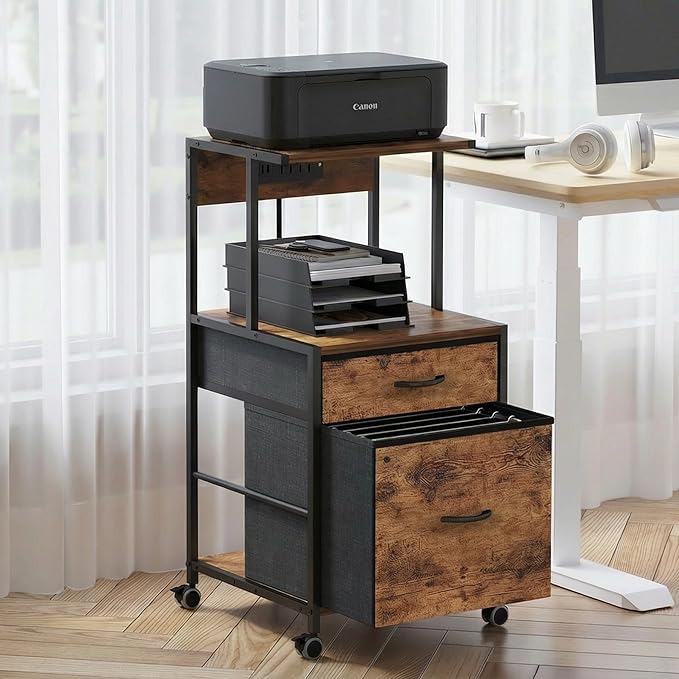 2-Drawer File Cabinets for Home Office, Filing Cabinet with Charging Station, Vertical Office Cabinet with Open Storage Shelf, Printer Stand with Drawer Fits A4 or Letter Size for Home Office