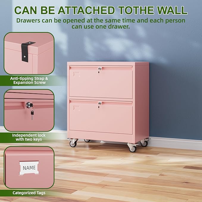 Aobabo Lateral File Cabinet 2 Drawer with Wheels, Lockable Metal Filing Cabinet for Home Office, Legal/Letter Size,Pink,Required Assembled,15.87" D x 28.94" W x 34" H