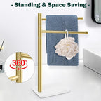 Hand Towel Holder, F-Shape Hand Towel Stand with Marble Base, Stainless Steel Swivel Hand Towel Rack Bar Standing for Bathroom Kitchen Countertop, 2 Arms (Gold)