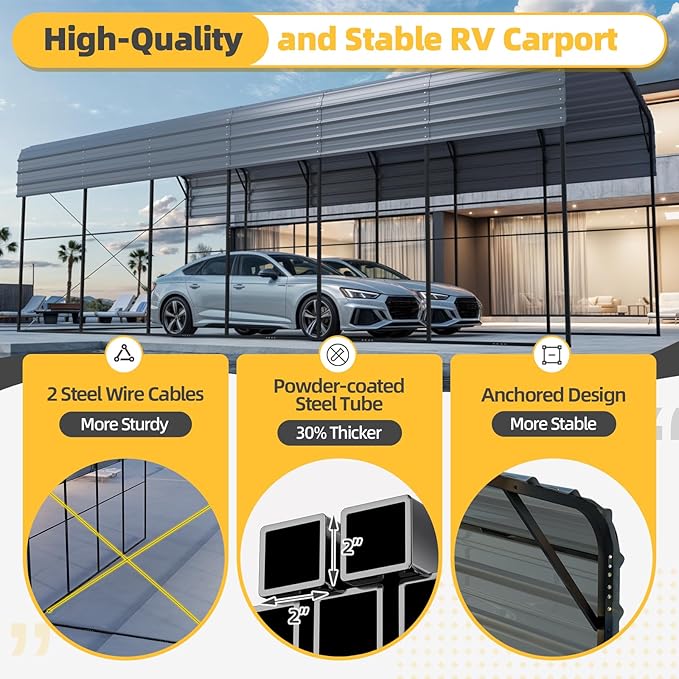 EROMMY 14'x30' RV Carport, Heavy Duty Car-Port with Reinforced Metal Frame, Weather-Resistant Galvanized Steel Roof Shelters, Outdoor Car-Shed for RV, 2 Vehicles, Truck, Boat and SUV, Gray