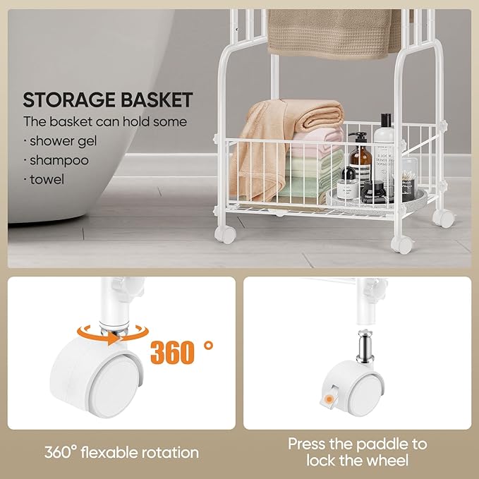 HAITRAL 3 Tiers Standing Towel Rack, 42" H Bathroom Towel Holder with Basket, 360 ° Rotating Casters with Lock, Freestanding Towel Rack for Bathroom, Laundry, Swimming Pool, Livingroom (White)