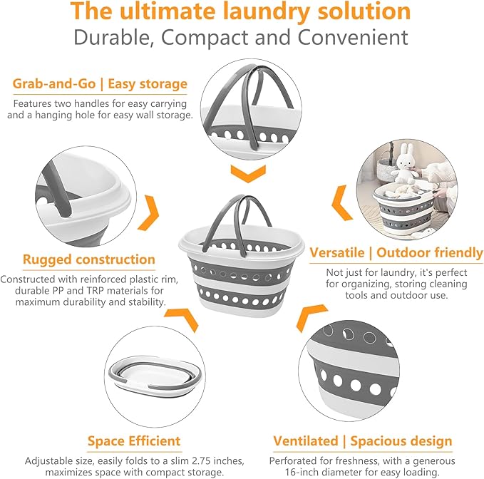 Compact Collapsible Laundry Basket, Small Size Pop-Up Hamper Perfect for Bedroom Side,Bathroom,Travel, Not for Large Families, Foldable with Handle, Measures 16 x 12.5 x 9.5 In, (Gray)