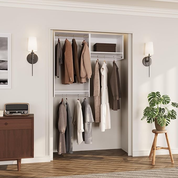 ROOMTEC Modular Closet System, 52" Wall-Mounted Closet Organizer with Hanging Rods, Wooden Tower for Walk-In Closets, Wardrobe Storage Kit, White