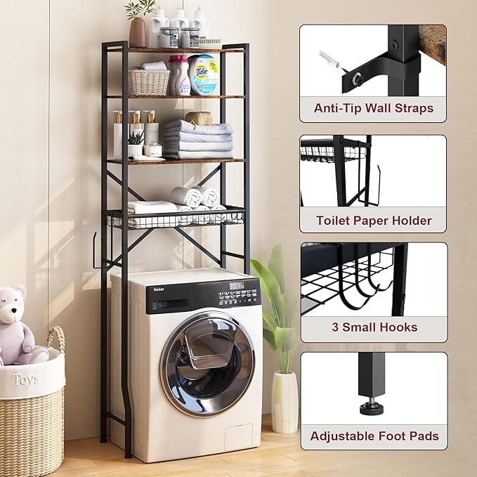 Over The Toilet Storage Rack, 4-Tier Bathroom Organizers and Storage with Adjustable Shelf, Freestanding Above Toilet Shelves for Bathroom & Laundry, Space Saver, Brown