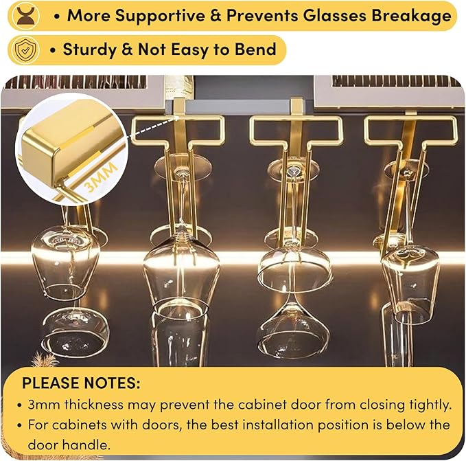 LINFIDITE Gold Under Cabinet Wine Glass Holder, 2 Pack, Space Saving, Easy Installation, Anti-Skid, Compact Design, Sturdy Materials, Affordable Gift