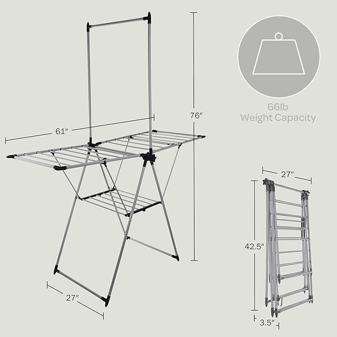 Clothes Drying Rack - 2-Level Laundry Drying Rack with 24 Drying Rails, Hanging Bar, and 2 Height-Adjustable Wings - Indoor/Outdoor Foldable Drying Rack by Home-Complete (Platinum)