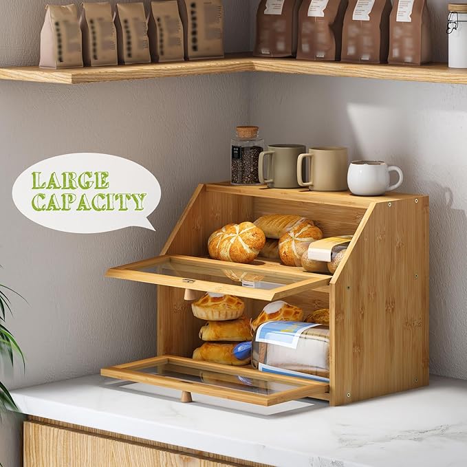 BMOSU Farmhouse Bread Box for Kitchen Countertop Bread box Double Layer Bamboo Wooden Extra Large Capacity Bin Kitchen Food Storage Container(Natural)