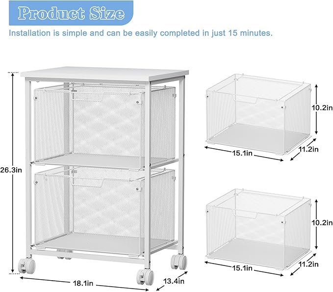 Letter/Legal Rolling File Cabinet, Rolling File Cart with 2 Drawers Filing Cabinet for Home Office, Hanging File Folders Organizer for Under Desk Storage, Mobile Printer Stand, White