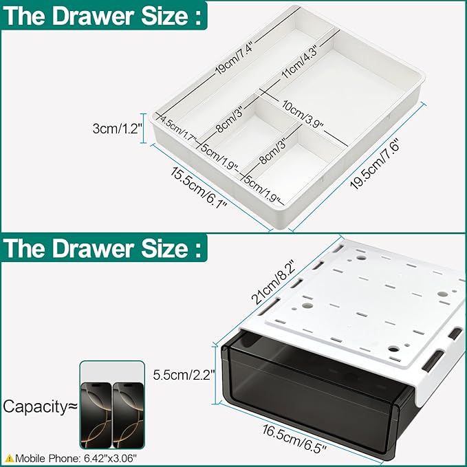Under Desk Table Drawer Storage Organizer, Slide Out Drawer with 4 Compartments Divider,Pencil Storage Self-Adhesive Tray Under Table (M/Clear Black+White)