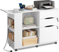DEVAISE File Cabinet with Lock, 3 Drawer Rolling Mobile Lateral Filing Cabinets with Charging Station Printer Stand with Open Storage Shelves Fits A4 or Letter Size for Home Office White