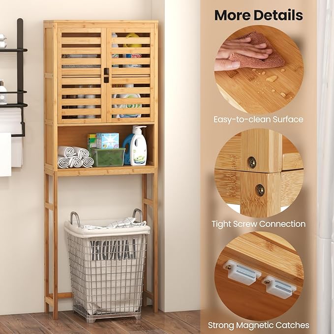 Giantex Over The Toilet Storage Cabinet, 3-Tier Bamboo Bathroom Space Saver with 2 Louver Doors, Open Shelf, Adjustable Bottom Bar, Over Toilet Bathroom Organizer for Laundry, Balcony, Restroom