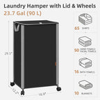 STORAGE MANIAC Rolling Laundry Hamper with Lid, 23.7 Gal (90 L) Large Tall Laundry Basket with Wheels & Handles, Aesthetic Dirty Clothes Hamper for Small Space, Dorm, Apartment, College, Black