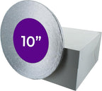 DecoPac 10" Round Silver Cake Drum Board & White Cake Box Combo, 10 Inch Square Bakery Box and Matching Cake Circle Set For Dessert, Pie, And Cookie Transport