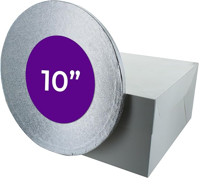 DecoPac 10" Round Silver Cake Drum Board & White Cake Box Combo, 10 Inch Square Bakery Box and Matching Cake Circle Set For Dessert, Pie, And Cookie Transport