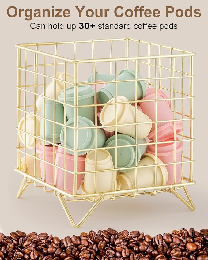 FantasyLife K Cup Holder Organizer, 5.3" x 5.3" x 6.3" Coffee Pod Storage Basket, Coffee Bar Accessories Metal Basket, Large Capacity Countertop Organizer for Kitchen Counter & Office Desktop (Gold)