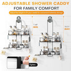 Adjustable Height Shower Caddy Hanging for Handheld Shower Heads, Shower Racks with Soap Holder 8 Hooks, No-Drilling, Anti-Swing, Bathroom Storage Shower Organizer