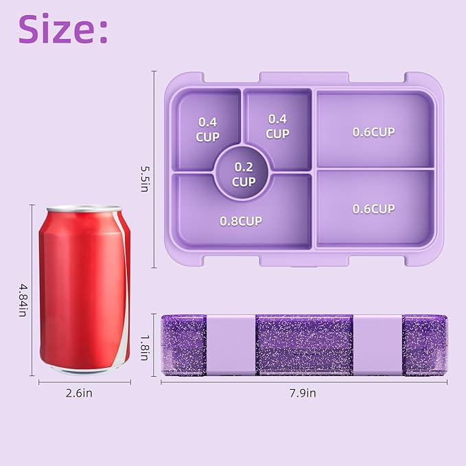Bento Lunch Box for Kids, 6 Compartments BPA Free, Dishwasher Safe Back to School Snack Bento Lunch Containers Boxes, Ideal Portion Sizes for On-the-Go Meal, Shiny Purple