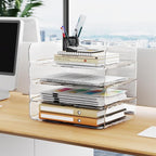 Tomorotec Desk Letter Tray Set, A4 Size Clear PET Stackable Document Organizer Office Desktop File Paper Holder Book Storage Rack Side Load Anti-Skid Stacking Support Convex Bottom (4X Landscape)