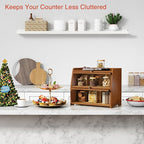 Wooden Bread Box for Kitchen Countertop, Dark Wood Bread Storage Container for Homemade Bread, 2 Tier Roll Top Breadbox Holder Keeper for Sourdough Loaf Storage (Walnut Brown)
