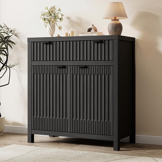 FLOWBACK 64'' Sideboard Buffet Cabinet with Large Storage,Black Fluted Credenza Coffee Bar Storage Cabinet with Drawer and Door, Modern Console Cabinets for Kitchen, Living Room, Entryway,2 PCS
