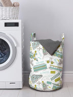 Ambesonne Steam Engine Laundry Bag, Choo Choo Train Pattern and Number Signs Vintage Travel Theme Print, Hamper Basket with Handles Drawstring Closure for Laundromats, 13" x 19", Apple Green Turquoise