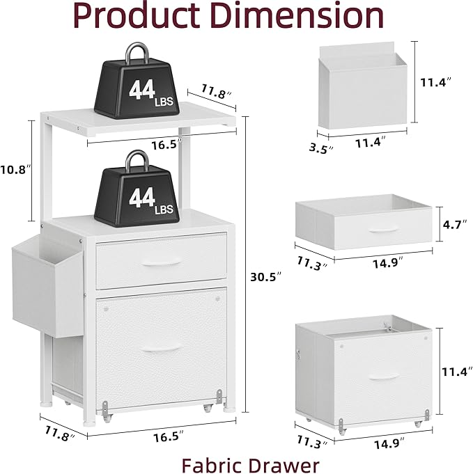 2-Drawer File Cabinet, Filing Cabinet with 2-Tier Printer Shelves, Office Cabinets with Side Bag&File Drawer for A4/Letter Size, Printer Stand with Storage for Home Office, White, 16.5" W