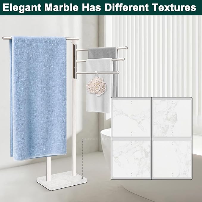 Standing Towel Rack, 304 Stainless Steel Towel Holder Stand with Weighted Marble Base, Floor Bath Towel Racks for Bathroom, Pool, Outdoor with 3 Swivel Towel Arms, Brushed Nickel