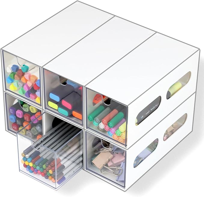 Drawer Organizer Desktop Office Supplies Desk Organizer and Storage Stationary Make Up Jewelry Pen Storage Drawer, Clear Accessories Makeup Organizer Countertop Storage (White, 6 Pack)