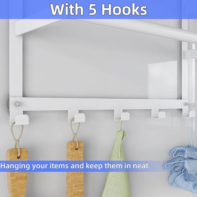 Over The Door Towel Rack, Over Door Towel Racks for Bathroom Door with 5 Hooks, 3 Tier Towel Storage Hanger Holder for Bathroom Accessories, 16 Inch Towel Bar for Hanging Towels, White