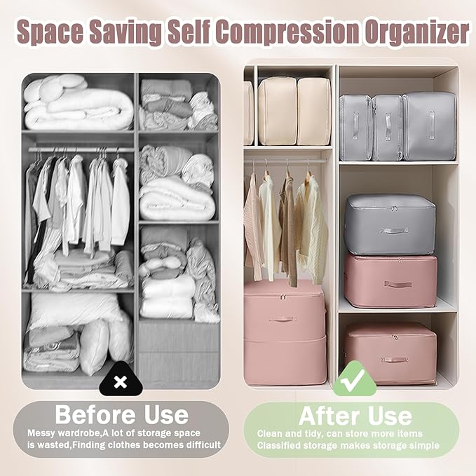 Space Saving Self Compression Organizer, 2025 New Ultra Space Saving Self Compression Organizer, Heavy Duty Moving Bags, Storage Tote for Space Saving (Gray, X-Large)