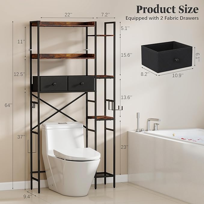 Over The Toilet Storage Shelf with Drawer, 7-Tier Above Toilet Bathroom Organizer with Adjustable Side Shelves, Space Saver Freestanding Rack with Holder & Hook for Laundry Kitchen (Brown)