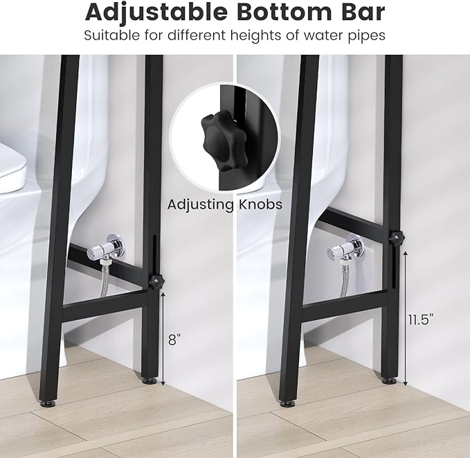 Tangkula Over-The-Toilet Storage Rack, 3-Tier Freestanding Bathroom Space Saver Shelf w/ 2 Hanging Hooks & Toilet Paper Holder, Metal Above Toilet Storage Rack for Bathroom Laundry (Black, 62.5”H)