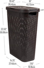 Mind Reader Slim Laundry Hamper with Lid, 40L Clothes Basket, Premium Wicker Design, Plastic, Brown