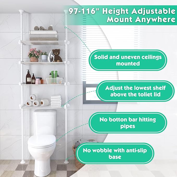 Lilyvane Over-The-Toilet Storage:97 to116” Adjustable 4-Tier Bathroom Organizer, Over The Toilet Storage Shelf for Small Rooms,Narrow Cabinet,Space Saving Bathroom Organizer, Stainless Steel