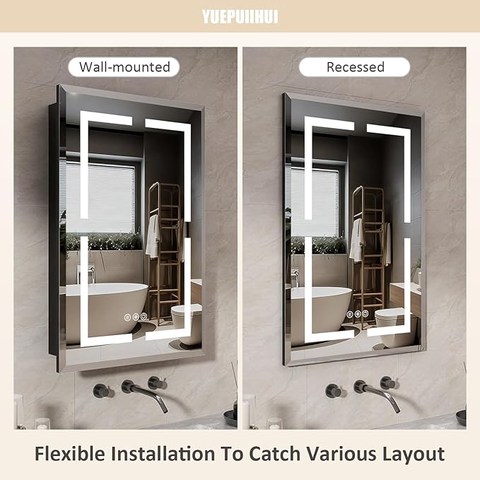 20X30 Inch Recessed Lighted Medicine Cabinet with Mirror, Adjustable 3-Color LED Mirrored Medicine Cabinet with Brightness Dimming, Defogger, Bathroom Mirror with Storage