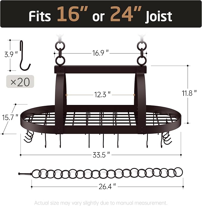 KES 34 Inch Oiled Bronze Hanging Pot Rack, Heavy Duty Oval Pot and Pan Hanging Rack Ceiling Mount, Pot Pan Hangers for Kitchen with 20 Hooks, (For 16" and 24" Joist Mount), KUR221S85-OB