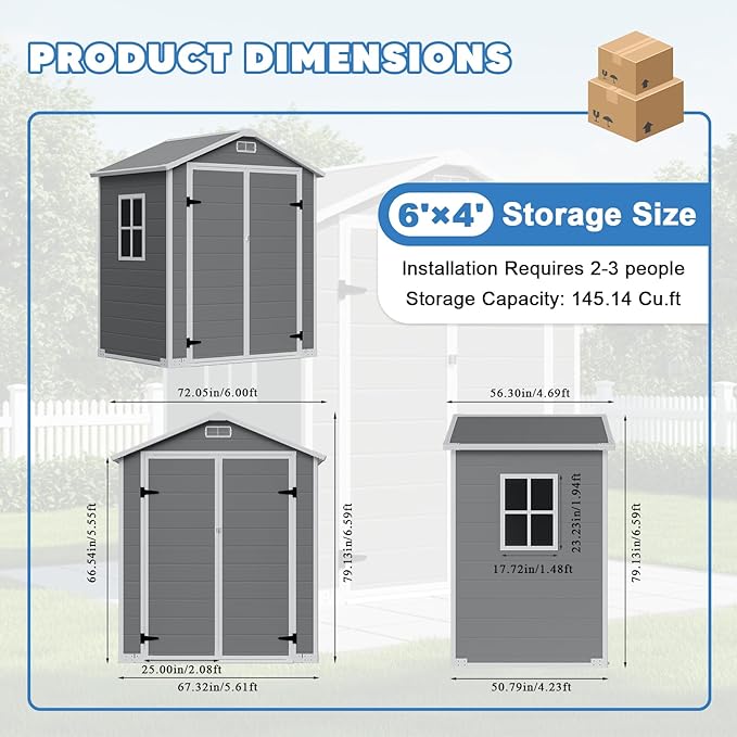 LARBANKE 6×4FT Waterproof Outdoor Storage Shed with Floor and Slop Roof,Garden Storage Tool Shed with Lockable Door&Window,Resin Shed with Ramp&Vent Suitable for Patio,Backyard,Garden,Lawn,Gray