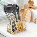 Utensil Holder for Kitchen Counter, Metal Utensil Holder Rack for Kitchen Countertop, Cooking Tools Storage for Spatula, Utensil Organizer with Wooden Base, and Drainage Hole (Gold Wooden)