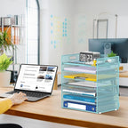 7 Tier Paper Organizer - Mesh Desktop File Holder with Handles for Office School Desk, Black (Blue)