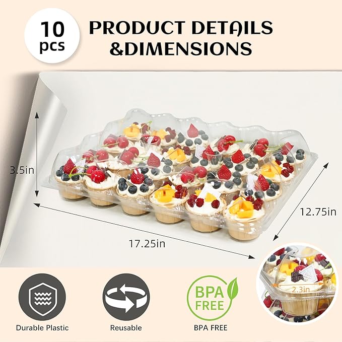 24 Count x 10 Sets Plastic Cupcake Containers, Durable and BPA-Free Cupcake Holder with Lid for Easy Transport Storage, Stackable Clear Cupcake Carriers, Reusable Dessert Boxes