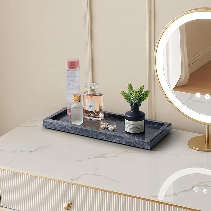 Natural Small Marble Vanity Tray, Luxury Stone Organizer for Bathroom & Kitchen | Holds Soap Dispenser, Jewelry, Perfume | Non-Resin, Non-Ceramic Décor (Black, M (11.8" x 5.1" x 0.78"))
