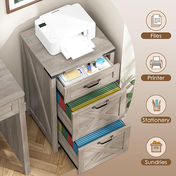 3 Drawer Small File Cabinet, Farmhouse Vertical Filing Cabinet Fits Letter/A4 Size, Wooden File Cabinets Printer Stand for Home Office, Living Room, Rustic Grey