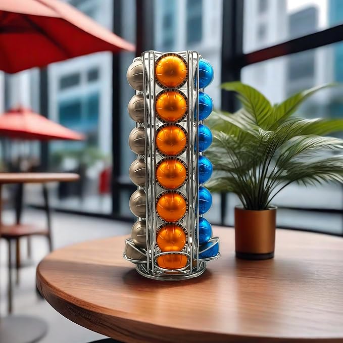 Miuly Coffee Capsule Holder For Nespresso Vertuoline, Coffee Capsule Stands Rotating Pod Rack holds 35 Nespresso Vertuo Pods, Silver