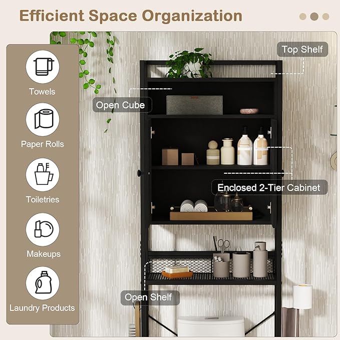 Tangkula Over The Toilet Storage Cabinet, 5-Tier Space Saver Above Toilet with 2 Mesh Doors, Metal Stand, Toilet Paper Holder & Hook, Freestanding Bathroom Cabinet Organizer for Laundry, Black