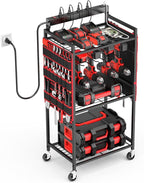 JUNNUJ Garage Large Power Tool Organizer Cart with 8 Outlet 3 USB Charging Station, Floor Rolling Drill and Tools Battery Storage Cart on Wheels, Heavy Duty Utility Rack Shelf with 10 FT Power Strip