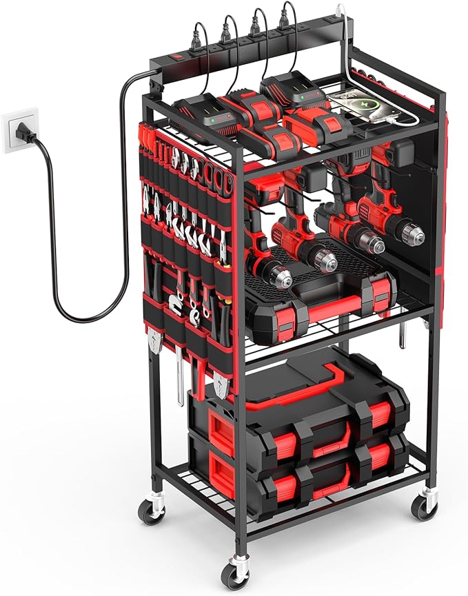 JUNNUJ Garage Large Power Tool Organizer Cart with 8 Outlet 3 USB Charging Station, Floor Rolling Drill and Tools Battery Storage Cart on Wheels, Heavy Duty Utility Rack Shelf with Power Strip