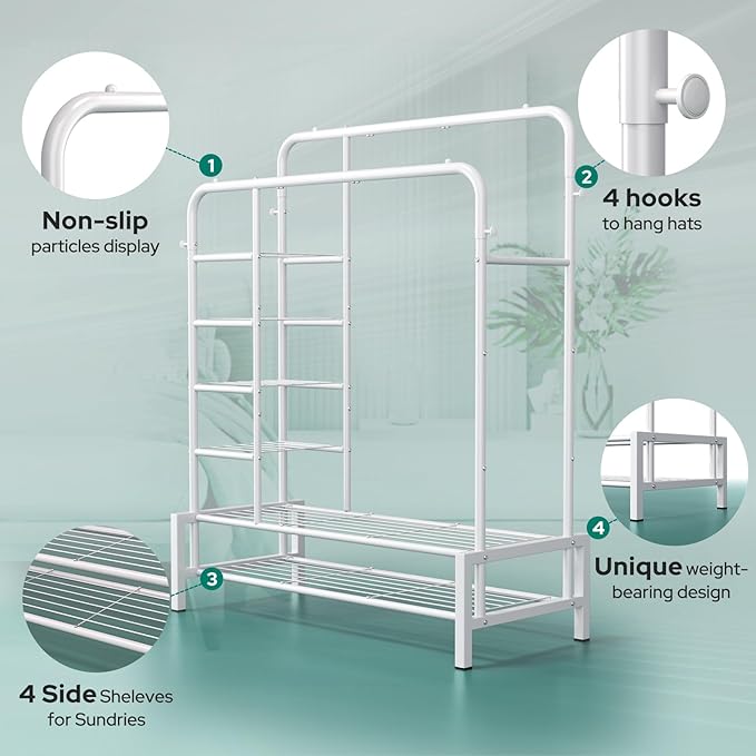 Clothes Rack, Double Rods Clothing Rack with 2 Bottom Shelves & 4 Side Shelves, Metal Garment Rack for Hanging Clothes, Heavy Duty Clothes Rack for Bedroom, Laundry, Living Room, White