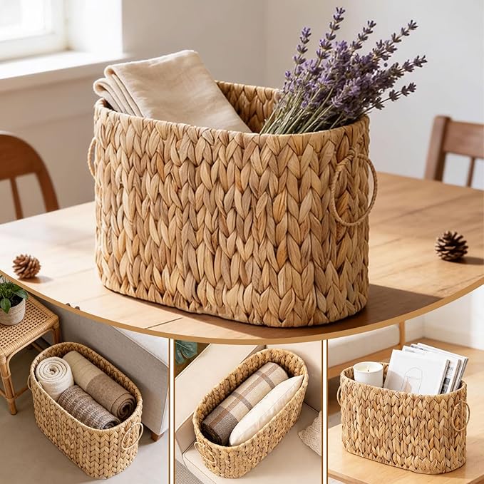 Toilet Paper Storage Basket, Water Hyacinth Slim Toilet Paper Holder - Holds Up to 6 Mega Rolls, Wicker Basket for Bathroom Organization, Natural