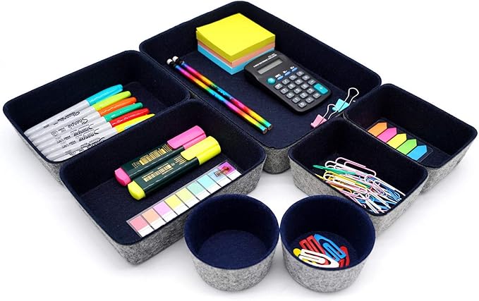 Welaxy Desk Drawer organizer felt trays desktop storage bins dividers for office supplies Nightstand sort catchall entryway key holder decluttering 7-piece (Navy)