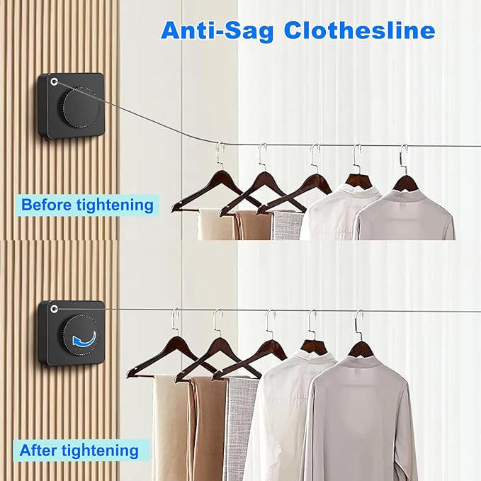 15.7Ft Retractable Clothesline Indoor is Also an Anti-sag Retractable Clothesline Outdoor,Stainless Steel Wire Laundry line Retractable for Drying Clothes ，with 12 Clip (Black)